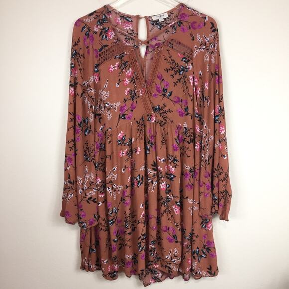 Umgee | Rust Floral Print Bell Sleeve Boho Dress - Picture 1 of 6